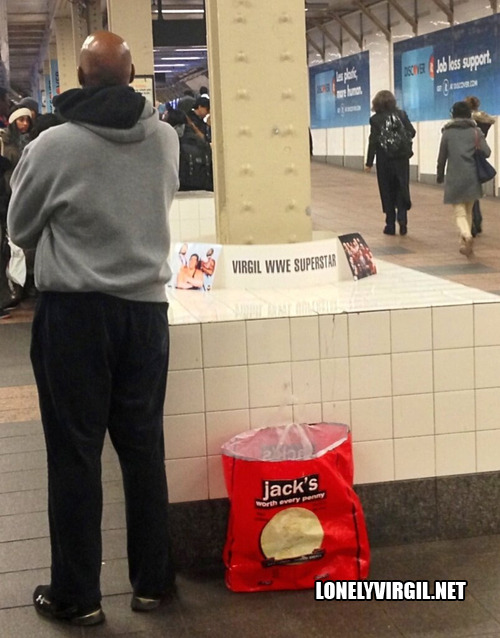 @StadiumInsider on twitter posted this picture of Lonely Virgil literally selling 8x10s in the subway at Grand Central Station in NYC. He got less business than the guy selling deodorant to feed the homeless.